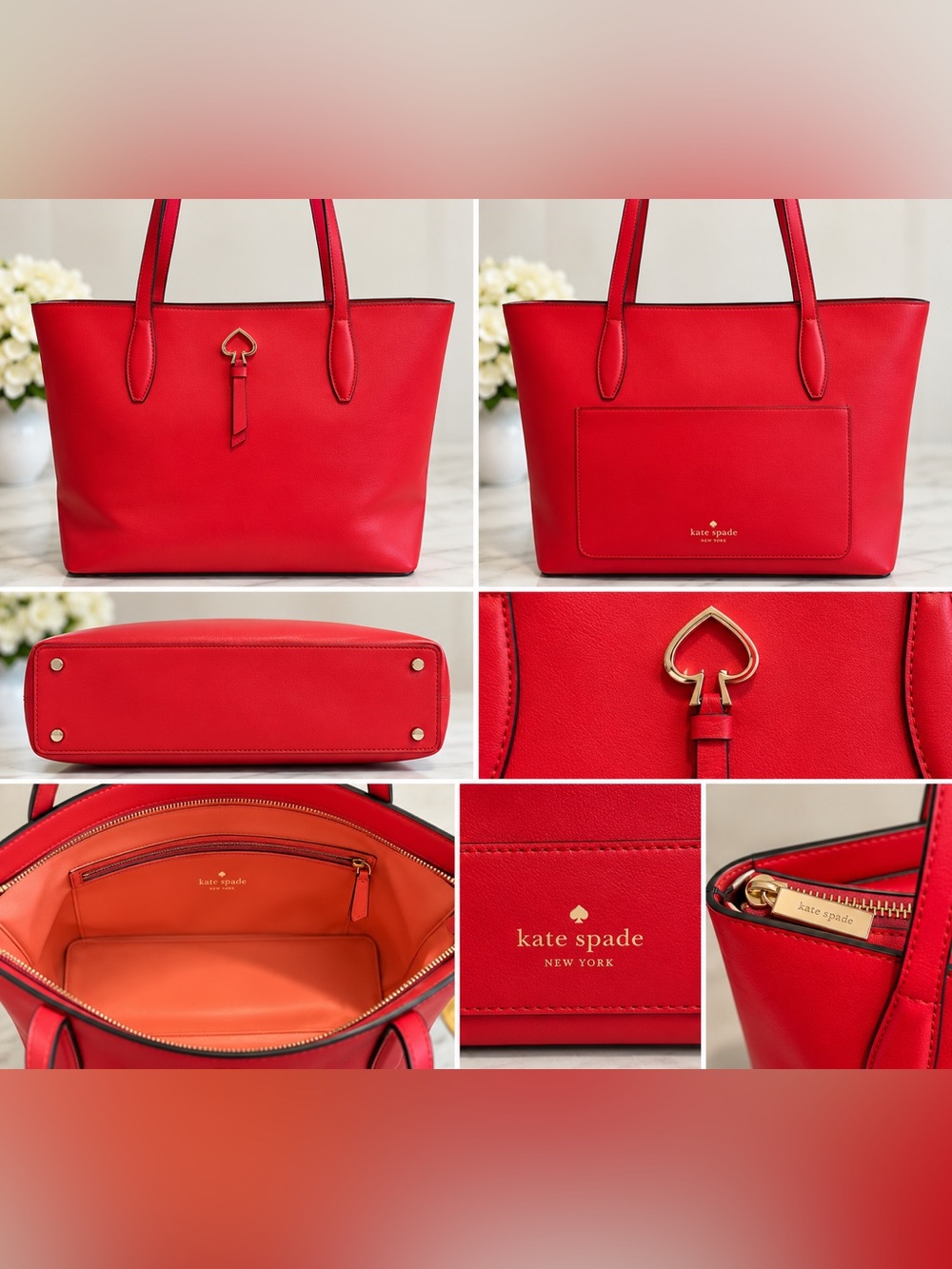 Kate Spade New York Large Red Leather Tote Shoulder Bag Spade Logo Gold Hardware